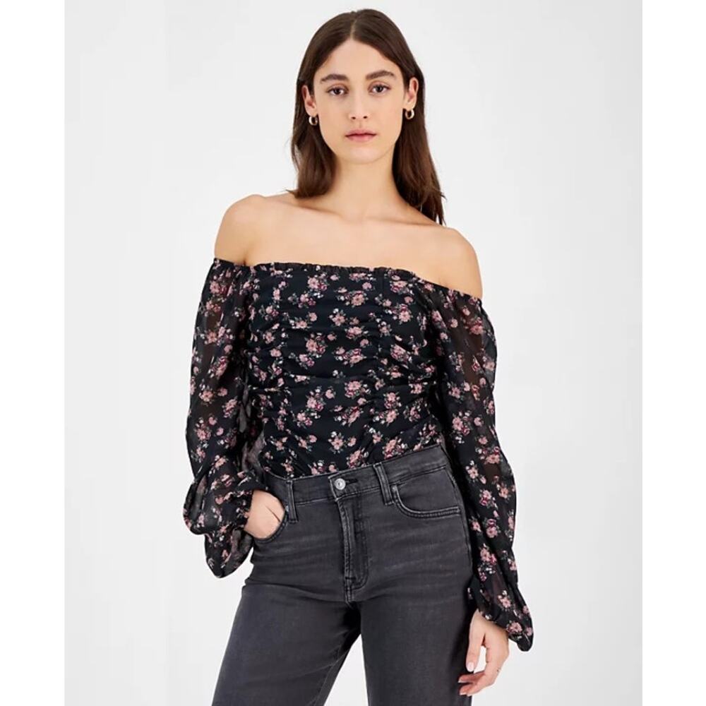 Celebrity Pink Junior Women Ruched Long-Sleeve Bodysuit Size M Black Pink Floral